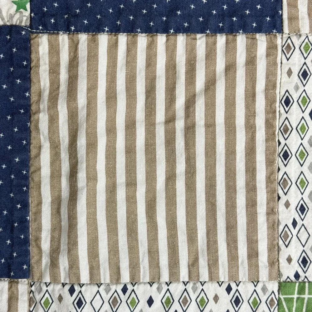 Handmade Baby Boy Blanket Quilt 51 x 51 Khaki Satin Trim Navy Minky Dot Back